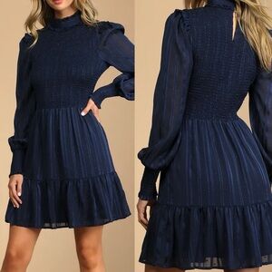 Heartful Romance Navy Striped Smocked Long Sleeve Mini Dress